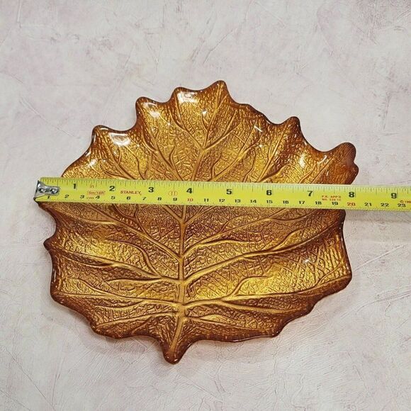 1  Autumn Harvest Leaf Glass Plates Gold Metallic Back - Picture 4 of 10
